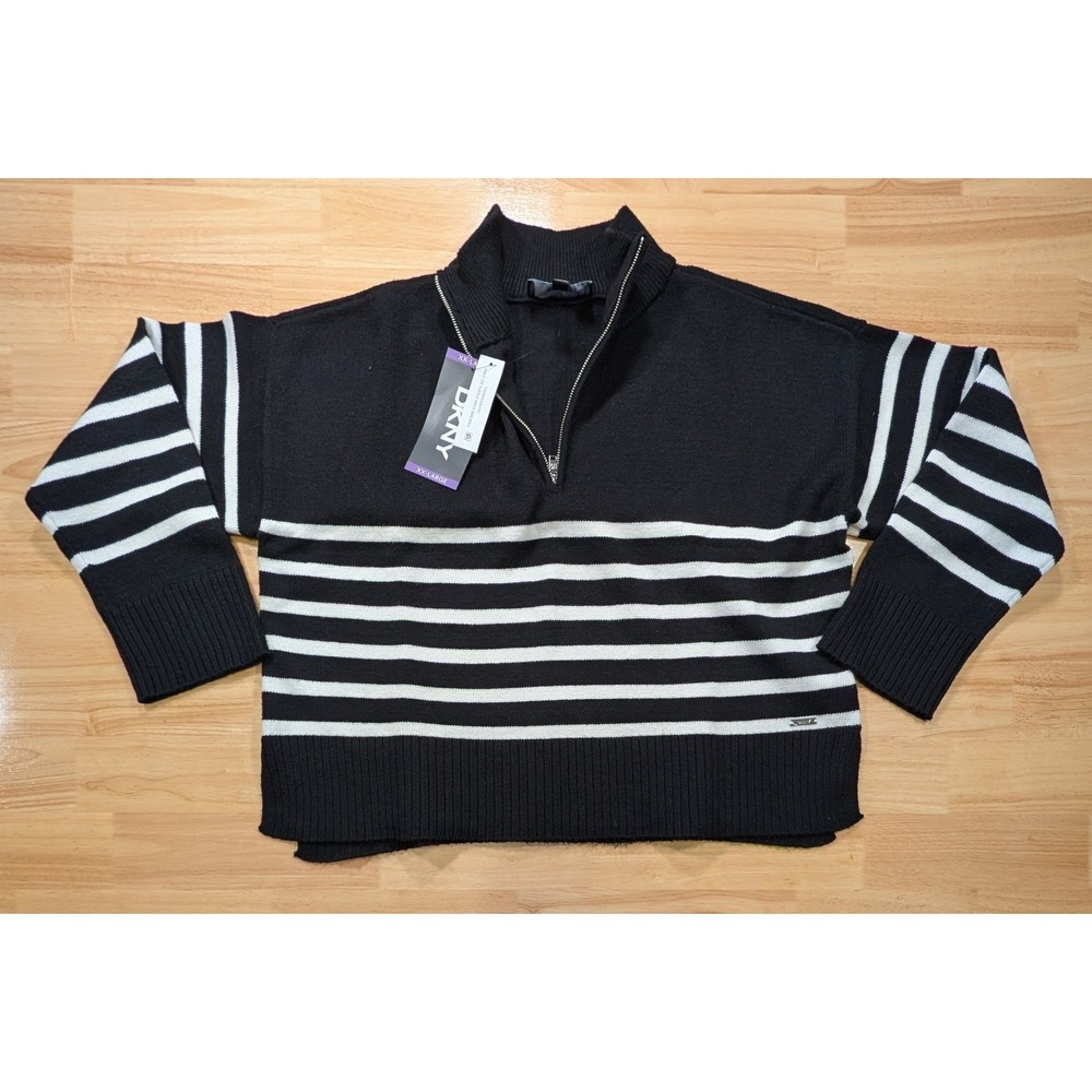 DKNY Womens Half Zip Turtle Neck Sweater Black White Striped XXL NEW